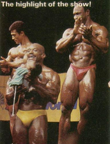 Мохаммед Маккави, Mohamed Makkawy на турнире Мистер Олимпия 1984 вместе с Сержио Олива, Ли Хейни