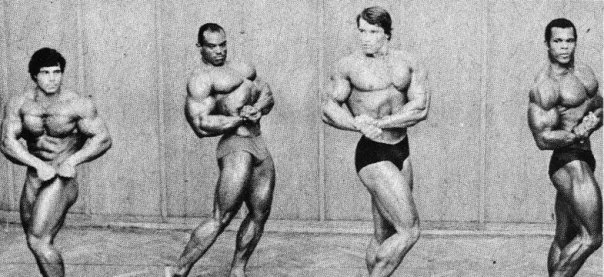 Арнольд Шварценеггер, Arnold Schwarzenegger на турнире Мистер Олимпия 1972 вместе с Франко Коломбо, Сержио Олива, Серж Нюбре