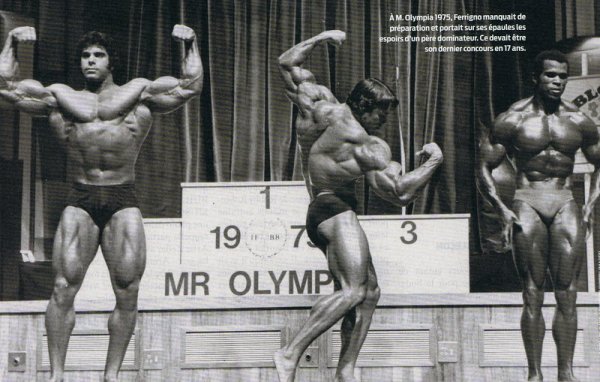 Арнольд Шварценеггер, Arnold Schwarzenegger на турнире Мистер Олимпия 1975 вместе с Лу Ферриньо, Серж Нюбре
