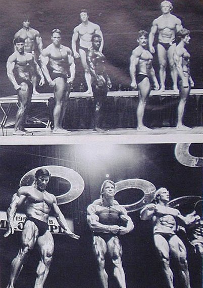 Арнольд Шварценеггер, Arnold Schwarzenegger на турнире Мистер Олимпия 1980 вместе с Боер Коу, Денни Падилла, Майк Ментцер, Роджер Уолкер, Рой Дюваль, Рой Каллендер, Фрэнк Зейн