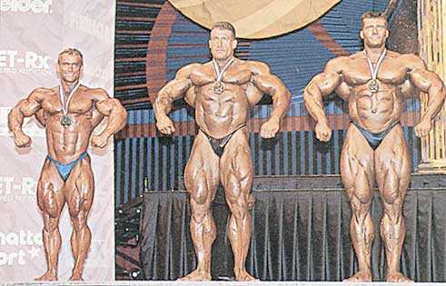 Ли Прист, Lee Priest на турнире Мистер Олимпия 1997 вместе с Дориан Ятс, Жан Пьер Фукс