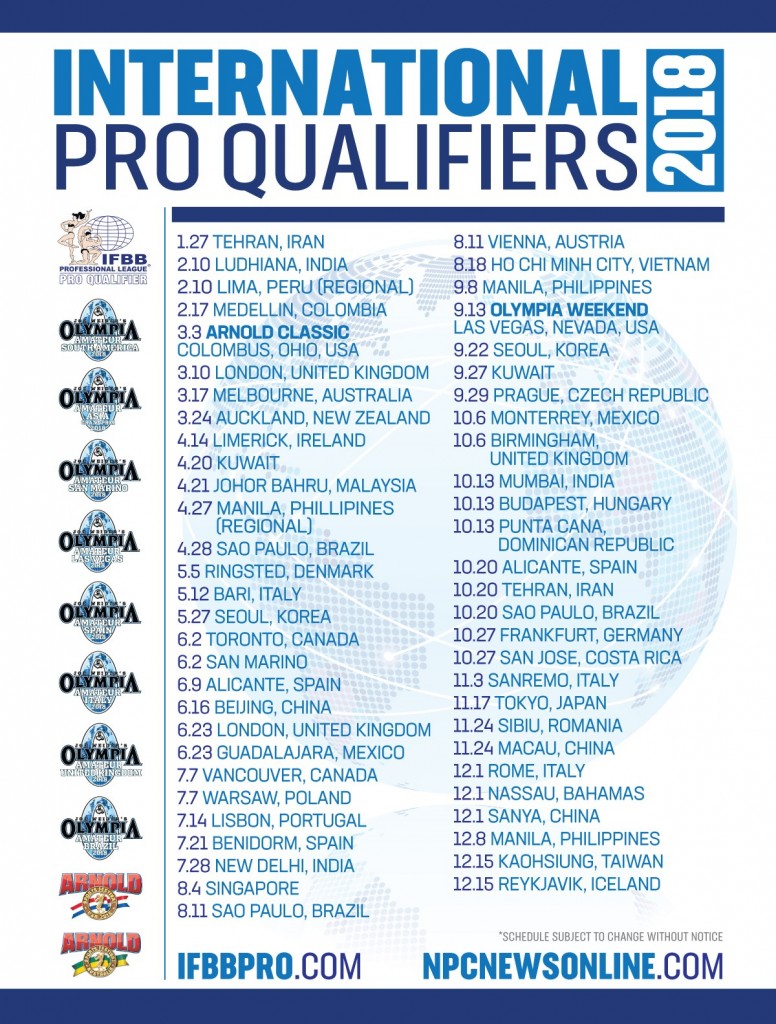 2018 IFBB Pro League PRO and PRO QUALIFIER Schedules 2018 IFBB Pro League PRO and PRO QUALIFIER Schedules
