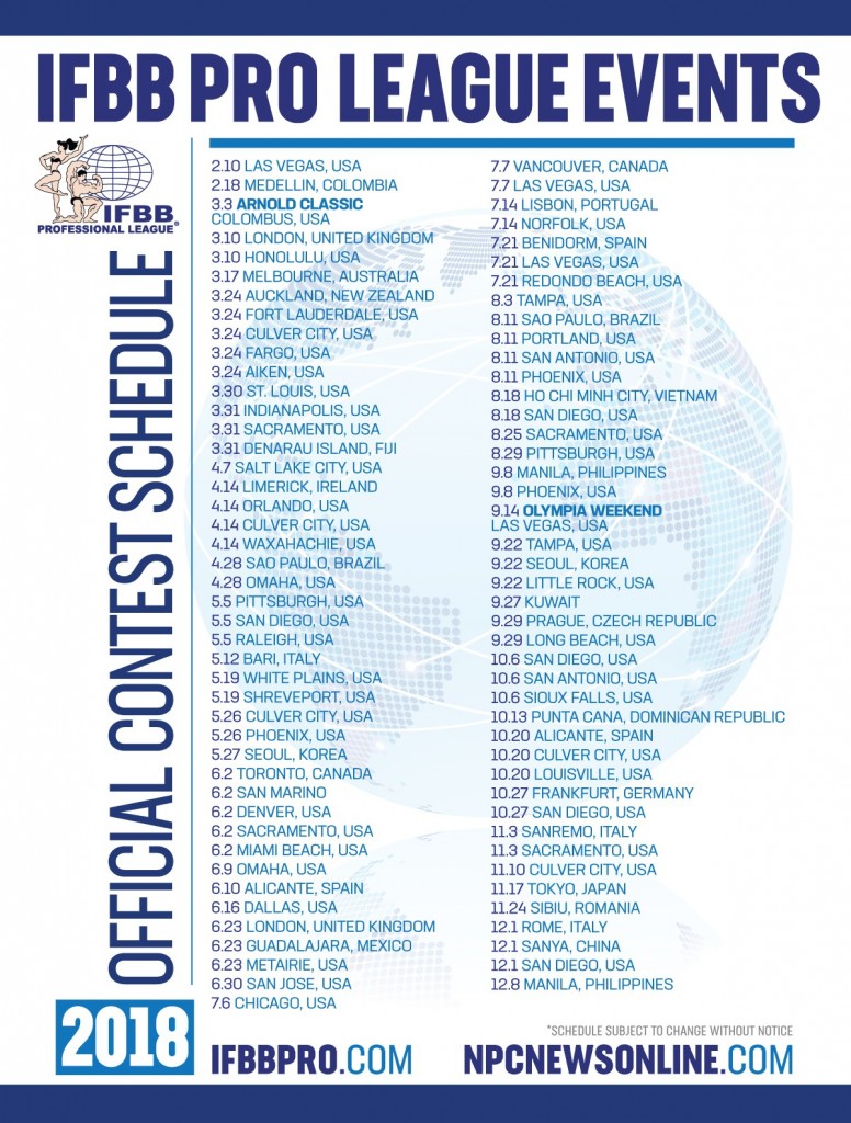 2018 IFBB Pro League PRO and PRO QUALIFIER Schedules 2018 IFBB Pro League PRO and PRO QUALIFIER Schedules